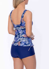 Sheer Neck Side Tie Tankini Top - Palm Leaves